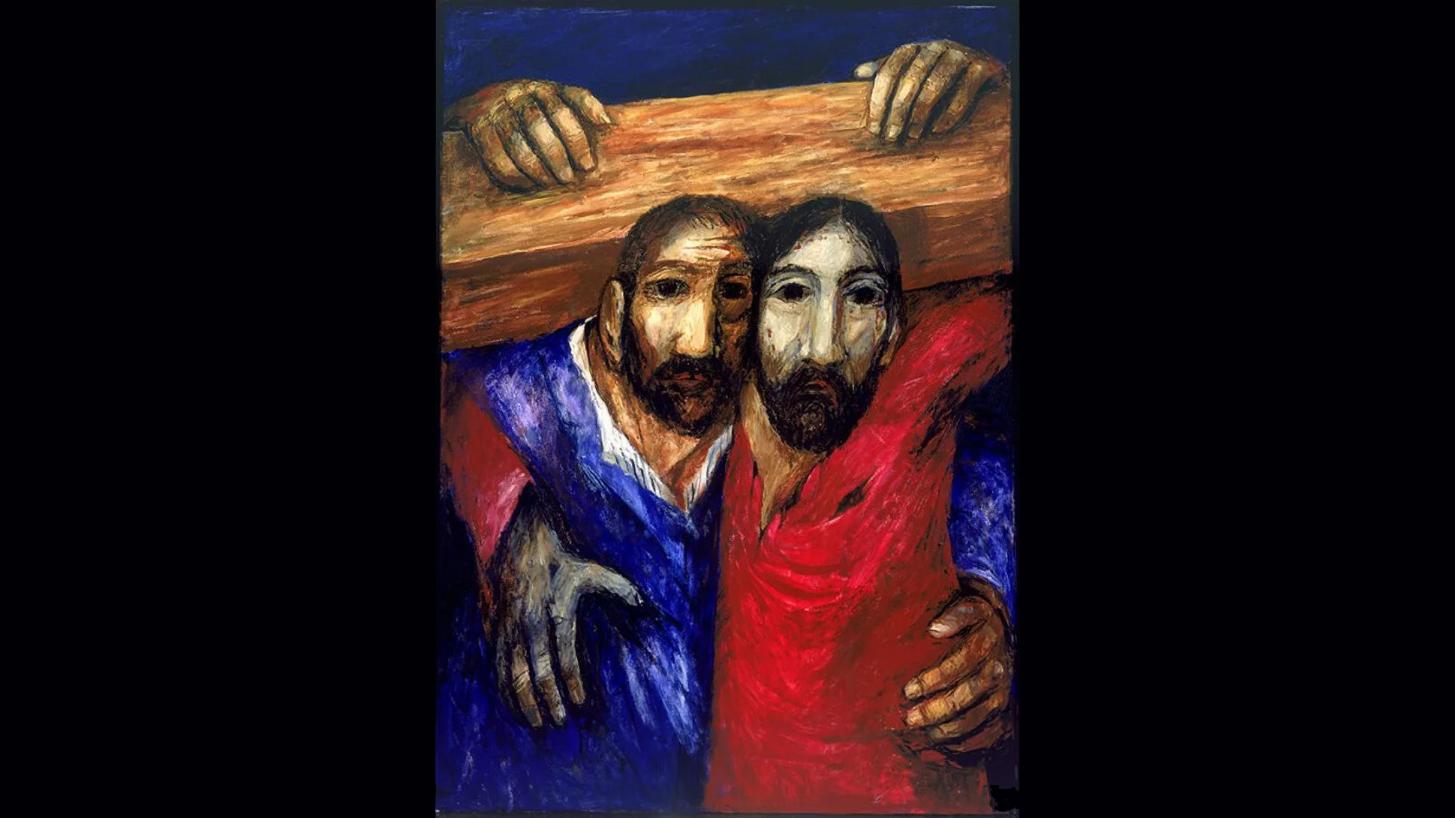 Sieger Köder: Simon von Cyrene hilft Jesus, das Kreuz zu tragen.
